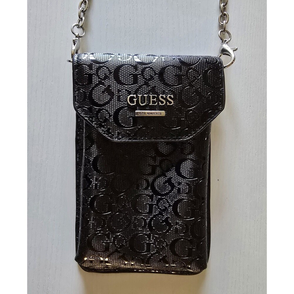 Guess Small Black Crossbody Phone Purse With Card Holder Silver Hardware